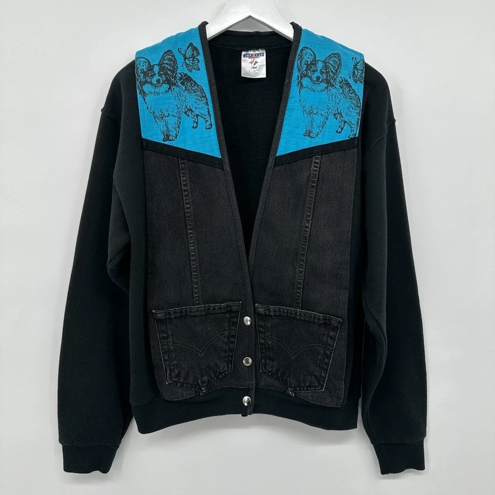 Vintage Upcycled Papillion Dog‎ Lover Jacket Size Small Fleece Denim Pockets